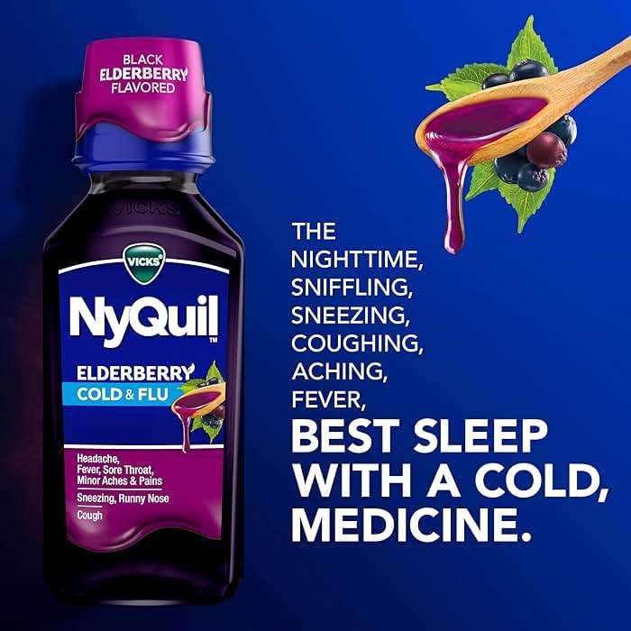 VICKS DayQuil & NyQuil Elderberry Flavor Cold & Flu Liquid Medicine Co-Pack, Multi-Symptom Relief of Headache, Fever, Sore Throat, Minor Aches & Pains, Sneezing, Runny Nose, and Cough, 2x12oz - Image 6