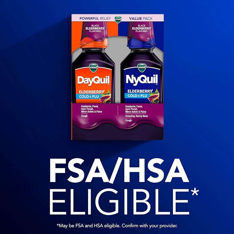 VICKS DayQuil & NyQuil Elderberry Flavor Cold & Flu Liquid Medicine Co-Pack, Multi-Symptom Relief of Headache, Fever, Sore Throat, Minor Aches & Pains, Sneezing, Runny Nose, and Cough, 2x12oz - Image 7