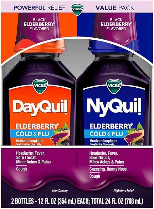 VICKS DayQuil & NyQuil Elderberry Flavor Cold & Flu Liquid Medicine Co-Pack, Multi-Symptom Relief of Headache, Fever, Sore Throat, Minor Aches & Pains, Sneezing, Runny Nose, and Cough, 2x12oz - Image 8