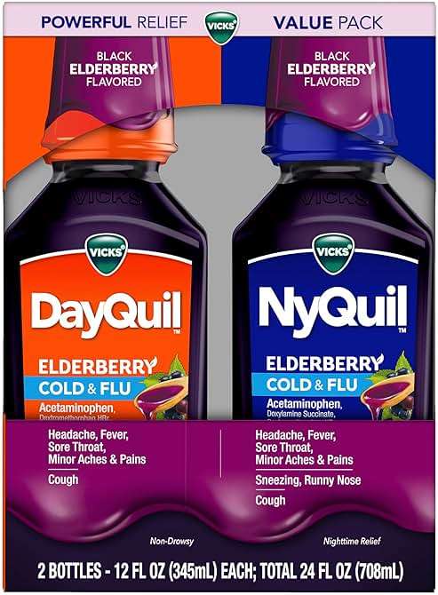 VICKS DayQuil & NyQuil Elderberry Flavor Cold & Flu Liquid Medicine Co-Pack, Multi-Symptom Relief of Headache, Fever, Sore Throat, Minor Aches & Pains, Sneezing, Runny Nose, and Cough, 2x12oz - Image 9