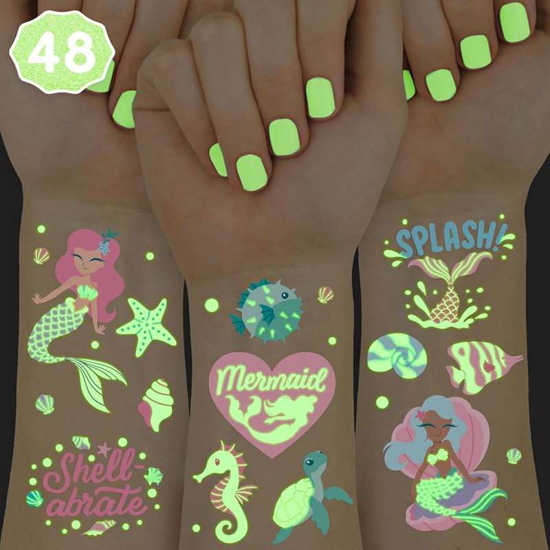 xo, Fetti Party Mermaid Glow in Dark + Foil Temporary Tattoos - 48 pc | Under the Sea Birthday Party Supplies, Kids Party Favors, DIY Home Activity, Marine Decorations, Arts and Crafts - Image 1