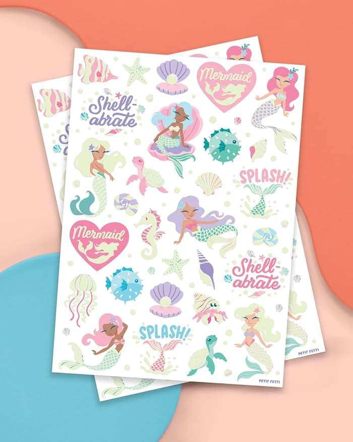 xo, Fetti Party Mermaid Glow in Dark + Foil Temporary Tattoos - 48 pc | Under the Sea Birthday Party Supplies, Kids Party Favors, DIY Home Activity, Marine Decorations, Arts and Crafts - Image 2