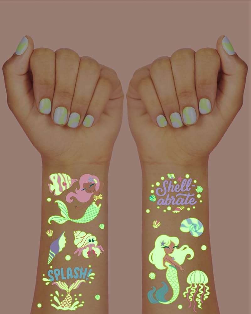 xo, Fetti Party Mermaid Glow in Dark + Foil Temporary Tattoos - 48 pc | Under the Sea Birthday Party Supplies, Kids Party Favors, DIY Home Activity, Marine Decorations, Arts and Crafts - Image 3
