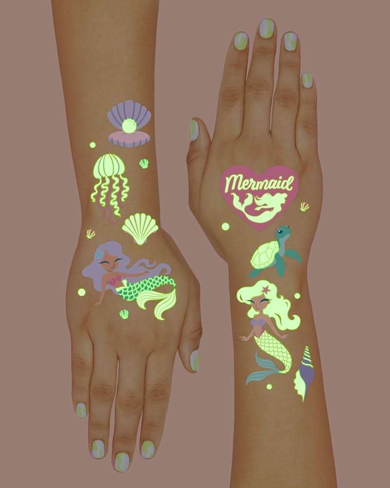 xo, Fetti Party Mermaid Glow in Dark + Foil Temporary Tattoos - 48 pc | Under the Sea Birthday Party Supplies, Kids Party Favors, DIY Home Activity, Marine Decorations, Arts and Crafts - Image 4