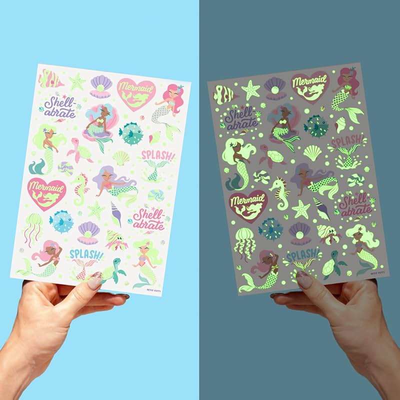xo, Fetti Party Mermaid Glow in Dark + Foil Temporary Tattoos - 48 pc | Under the Sea Birthday Party Supplies, Kids Party Favors, DIY Home Activity, Marine Decorations, Arts and Crafts - Image 5