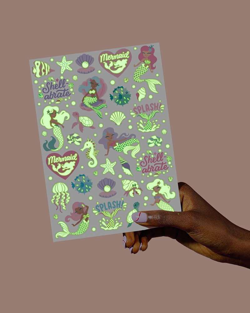 xo, Fetti Party Mermaid Glow in Dark + Foil Temporary Tattoos - 48 pc | Under the Sea Birthday Party Supplies, Kids Party Favors, DIY Home Activity, Marine Decorations, Arts and Crafts - Image 6