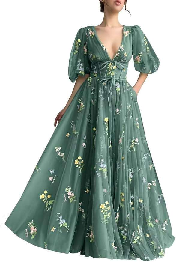 Prom Dresses for Women 2025 Tulle Flower Embroidery Puffy Sleeve Formal Evening Party Gowns - Image 1