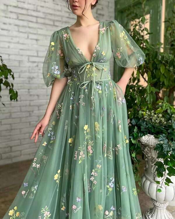 Prom Dresses for Women 2025 Tulle Flower Embroidery Puffy Sleeve Formal Evening Party Gowns - Image 2