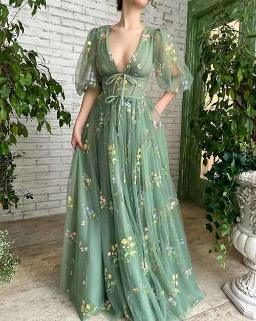 Prom Dresses for Women 2025 Tulle Flower Embroidery Puffy Sleeve Formal Evening Party Gowns - Image 3