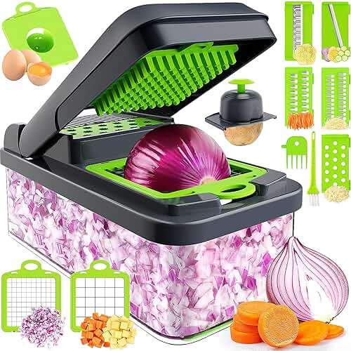 MealHelper 12-in-1 Vegetable Chopper, 7 Blade Veggie Chopper, Practical Food Chopper with Container, Cheese Grater, Home Essentials & Kitchen Gadgets(Green/Grey) - Image 1
