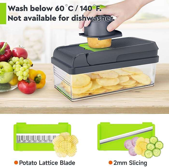 MealHelper 12-in-1 Vegetable Chopper, 7 Blade Veggie Chopper, Practical Food Chopper with Container, Cheese Grater, Home Essentials & Kitchen Gadgets(Green/Grey) - Image 3