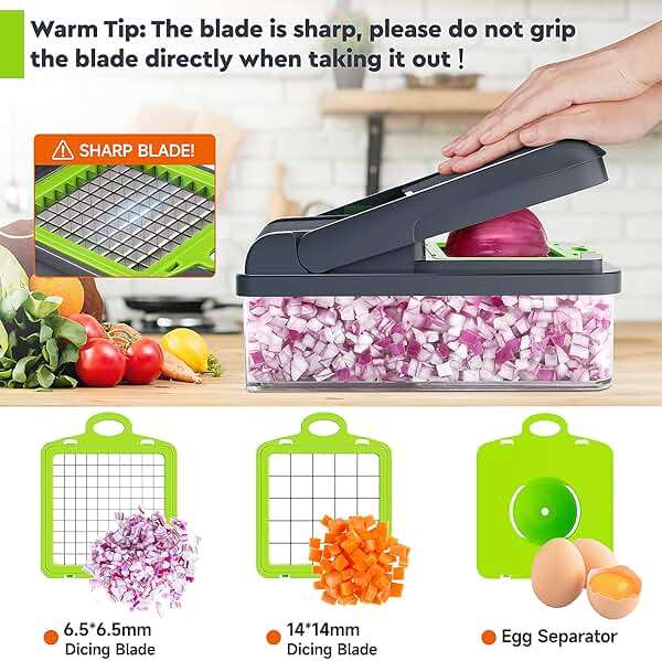 MealHelper 12-in-1 Vegetable Chopper, 7 Blade Veggie Chopper, Practical Food Chopper with Container, Cheese Grater, Home Essentials & Kitchen Gadgets(Green/Grey) - Image 4