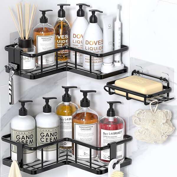 YASONIC Shower Caddy Corner, 3-Pack Adhesive Rustproof Stainless Steel Shower Shelves with Soap Holder, No Drilling Shower Organizer Corner for Dorm, Renters Bathroom, Black - Image 1