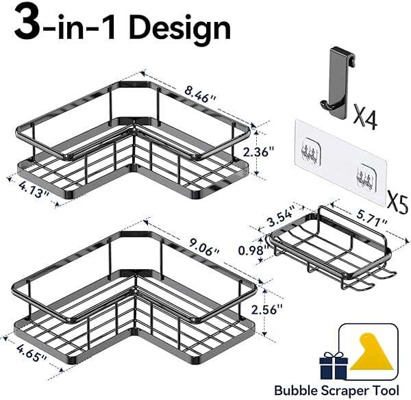 YASONIC Shower Caddy Corner, 3-Pack Adhesive Rustproof Stainless Steel Shower Shelves with Soap Holder, No Drilling Shower Organizer Corner for Dorm, Renters Bathroom, Black - Image 2
