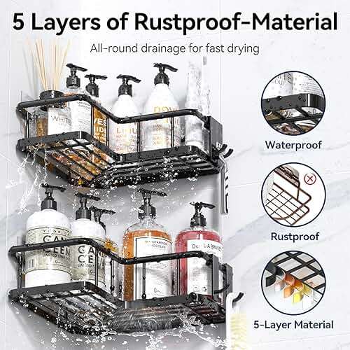 YASONIC Shower Caddy Corner, 3-Pack Adhesive Rustproof Stainless Steel Shower Shelves with Soap Holder, No Drilling Shower Organizer Corner for Dorm, Renters Bathroom, Black - Image 4