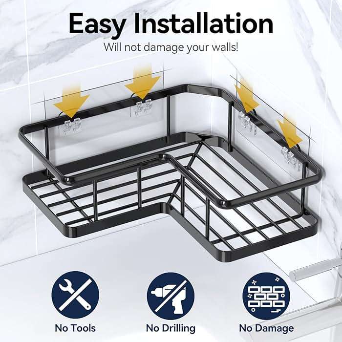 YASONIC Shower Caddy Corner, 3-Pack Adhesive Rustproof Stainless Steel Shower Shelves with Soap Holder, No Drilling Shower Organizer Corner for Dorm, Renters Bathroom, Black - Image 5