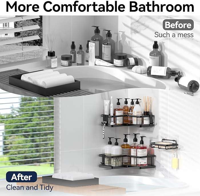 YASONIC Shower Caddy Corner, 3-Pack Adhesive Rustproof Stainless Steel Shower Shelves with Soap Holder, No Drilling Shower Organizer Corner for Dorm, Renters Bathroom, Black - Image 8