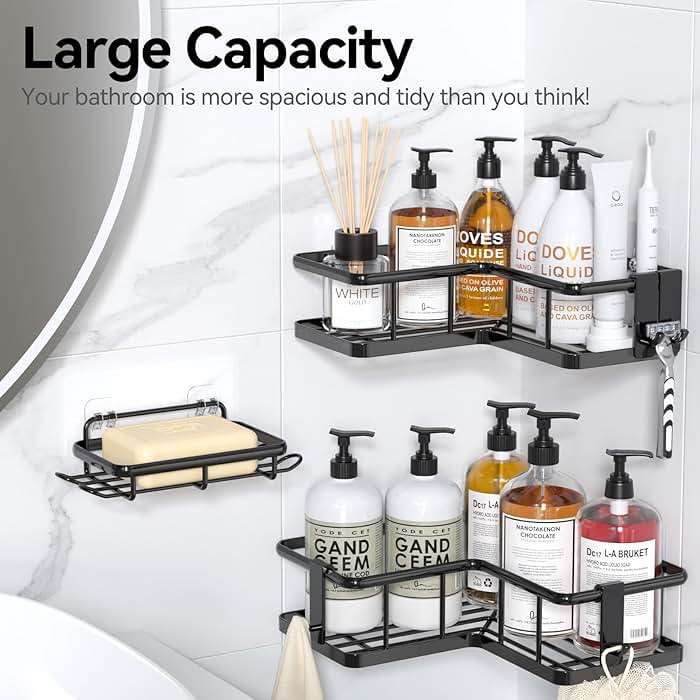 YASONIC Shower Caddy Corner, 3-Pack Adhesive Rustproof Stainless Steel Shower Shelves with Soap Holder, No Drilling Shower Organizer Corner for Dorm, Renters Bathroom, Black - Image 9