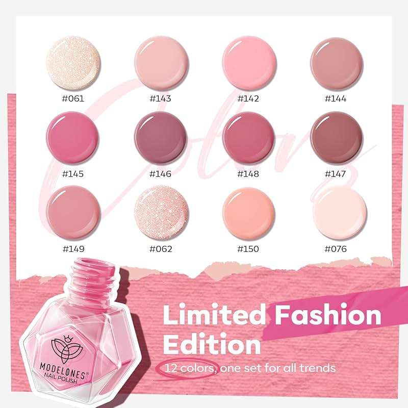 modelones Nail Polish Set 12 Colors Nude Pink Quick Dry Mini Nail Lacquer Kit, Neutral Shimmer White Glitter Finger Toe Nail Polish Bulk Manicure DIY Nail Art Salon Travel Home Gift for Women Girls - Image 2