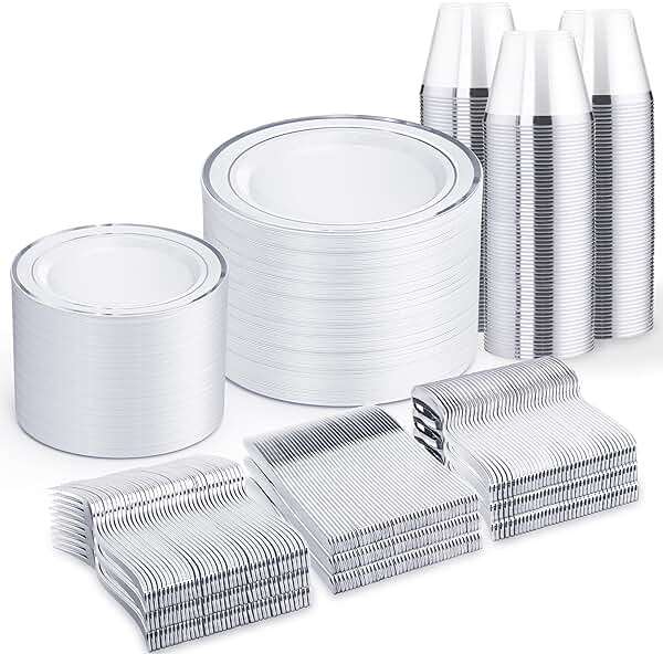WELLIFE 600 PCS Silver Disposable Dinnerware Set for 100 Guests, Wedding Reception Plates & Silver Plastic Tableware, Dinner & Salad Plates, Cups, Forks, Knives & Spoons for Weddings & Elegant Events - Image 1