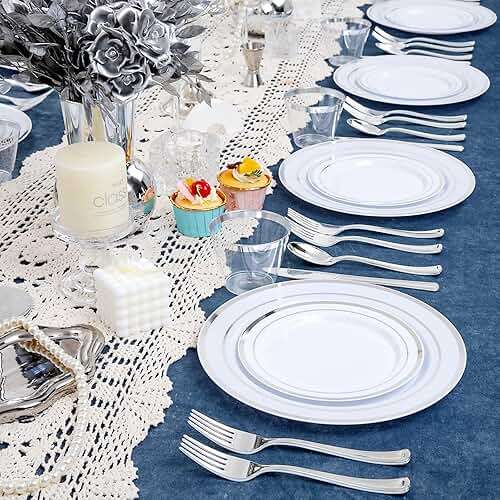 WELLIFE 600 PCS Silver Disposable Dinnerware Set for 100 Guests, Wedding Reception Plates & Silver Plastic Tableware, Dinner & Salad Plates, Cups, Forks, Knives & Spoons for Weddings & Elegant Events - Image 2