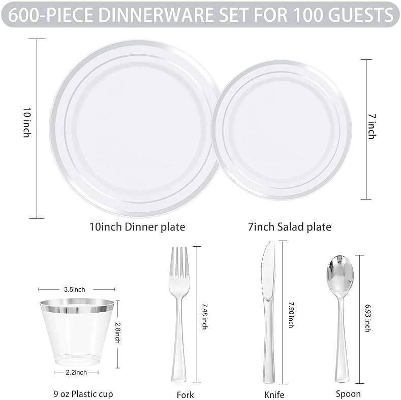 WELLIFE 600 PCS Silver Disposable Dinnerware Set for 100 Guests, Wedding Reception Plates & Silver Plastic Tableware, Dinner & Salad Plates, Cups, Forks, Knives & Spoons for Weddings & Elegant Events - Image 3