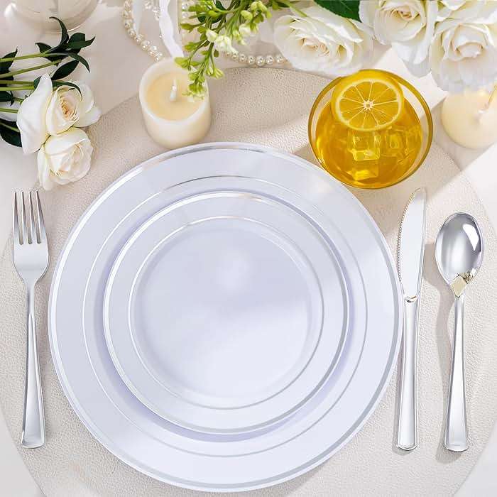 WELLIFE 600 PCS Silver Disposable Dinnerware Set for 100 Guests, Wedding Reception Plates & Silver Plastic Tableware, Dinner & Salad Plates, Cups, Forks, Knives & Spoons for Weddings & Elegant Events - Image 4
