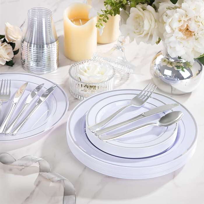 WELLIFE 600 PCS Silver Disposable Dinnerware Set for 100 Guests, Wedding Reception Plates & Silver Plastic Tableware, Dinner & Salad Plates, Cups, Forks, Knives & Spoons for Weddings & Elegant Events - Image 5