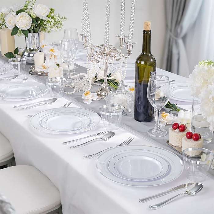 WELLIFE 600 PCS Silver Disposable Dinnerware Set for 100 Guests, Wedding Reception Plates & Silver Plastic Tableware, Dinner & Salad Plates, Cups, Forks, Knives & Spoons for Weddings & Elegant Events - Image 6