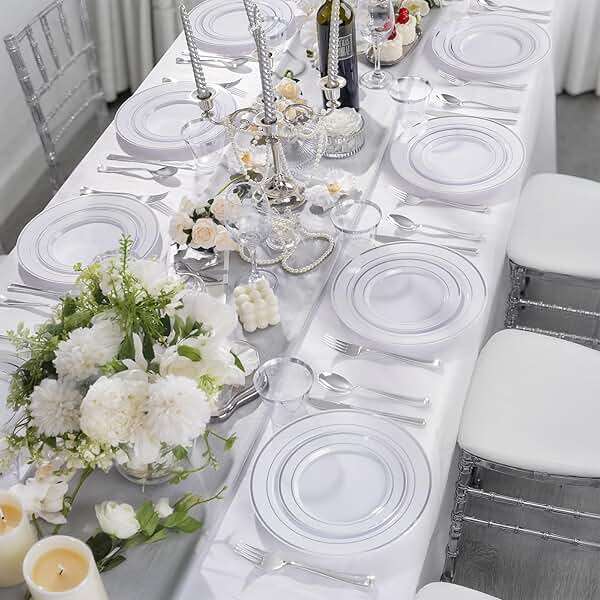 WELLIFE 600 PCS Silver Disposable Dinnerware Set for 100 Guests, Wedding Reception Plates & Silver Plastic Tableware, Dinner & Salad Plates, Cups, Forks, Knives & Spoons for Weddings & Elegant Events - Image 7