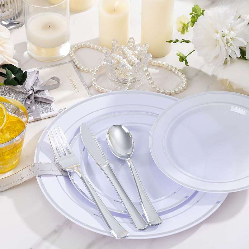 WELLIFE 600 PCS Silver Disposable Dinnerware Set for 100 Guests, Wedding Reception Plates & Silver Plastic Tableware, Dinner & Salad Plates, Cups, Forks, Knives & Spoons for Weddings & Elegant Events - Image 8