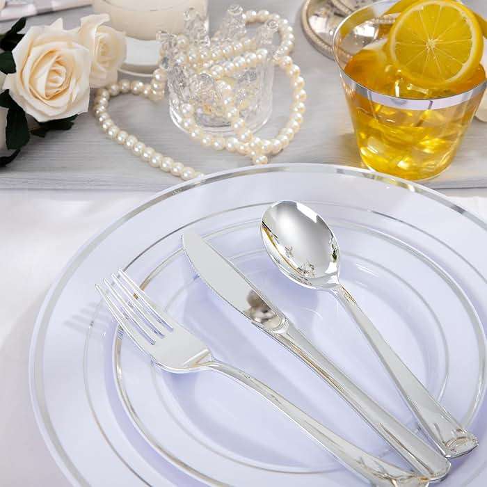 WELLIFE 600 PCS Silver Disposable Dinnerware Set for 100 Guests, Wedding Reception Plates & Silver Plastic Tableware, Dinner & Salad Plates, Cups, Forks, Knives & Spoons for Weddings & Elegant Events - Image 9