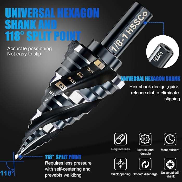 Four Spiral Flute M35 Step Drill Bit Set 1/8"-1"(9 Sizes), 3/8" Shank for Metal Step Drill bit, Impact Resistant Cobalt Step Drill Bit, for Stainless Steel, Wood, Aluminum, Plastic - Image 2