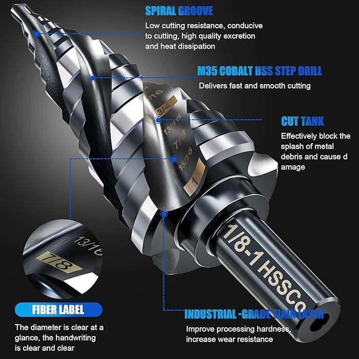 Four Spiral Flute M35 Step Drill Bit Set 1/8"-1"(9 Sizes), 3/8" Shank for Metal Step Drill bit, Impact Resistant Cobalt Step Drill Bit, for Stainless Steel, Wood, Aluminum, Plastic - Image 3