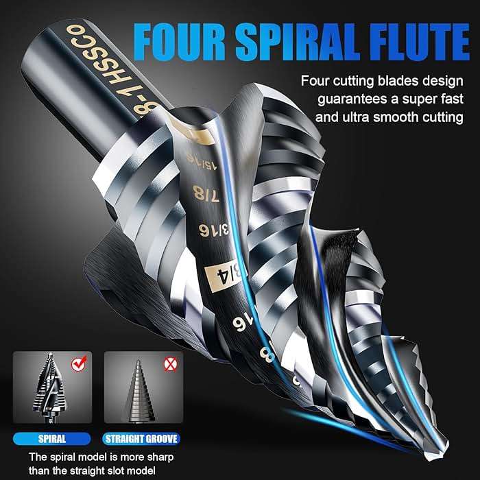 Four Spiral Flute M35 Step Drill Bit Set 1/8"-1"(9 Sizes), 3/8" Shank for Metal Step Drill bit, Impact Resistant Cobalt Step Drill Bit, for Stainless Steel, Wood, Aluminum, Plastic - Image 4
