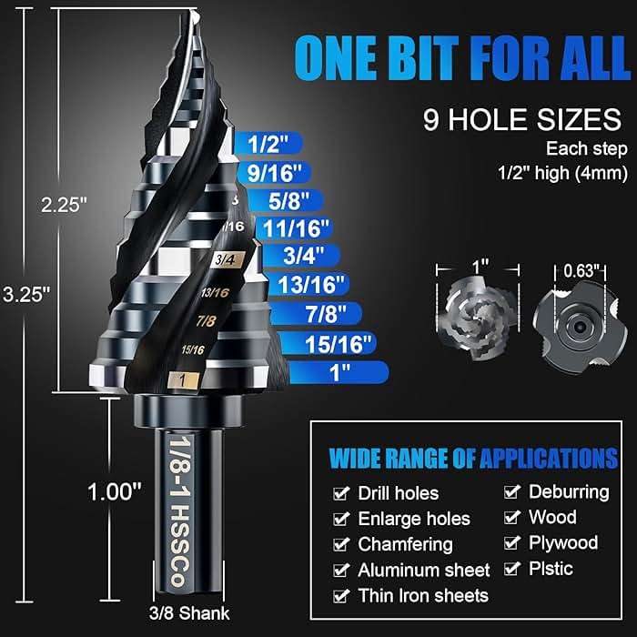 Four Spiral Flute M35 Step Drill Bit Set 1/8"-1"(9 Sizes), 3/8" Shank for Metal Step Drill bit, Impact Resistant Cobalt Step Drill Bit, for Stainless Steel, Wood, Aluminum, Plastic - Image 5