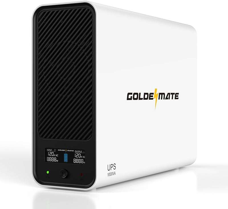 GOLDENMATE 1000VA/600W Lithium UPS Battery Backup and Surge Protector, Backup Battery Power Supply with LiFePO4 Batteries(153.6 Wh), Sinewave UPS System, 10 Years Lifespan, 8-Outlets, LCD Display - Image 1
