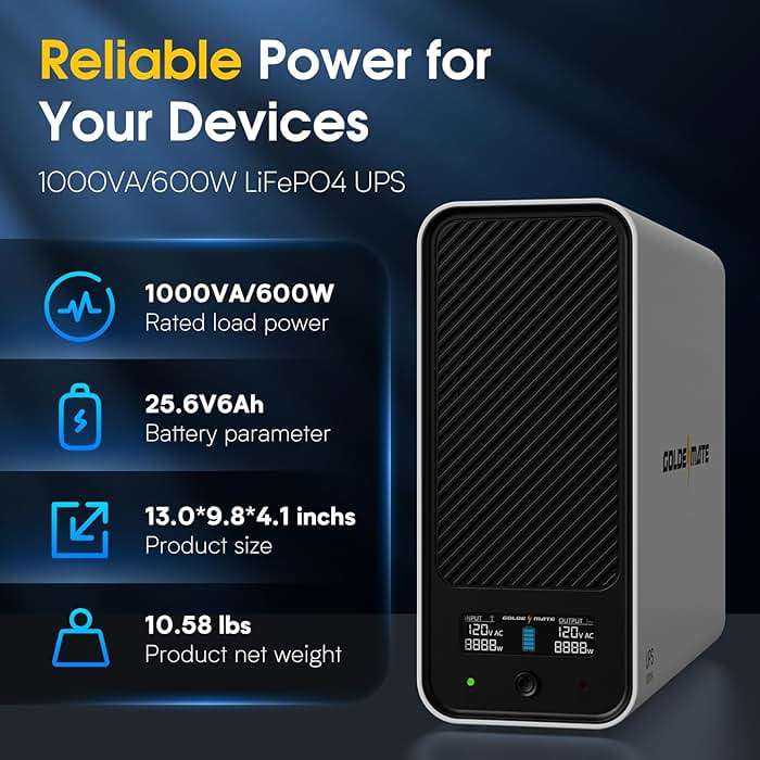GOLDENMATE 1000VA/600W Lithium UPS Battery Backup and Surge Protector, Backup Battery Power Supply with LiFePO4 Batteries(153.6 Wh), Sinewave UPS System, 10 Years Lifespan, 8-Outlets, LCD Display - Image 4
