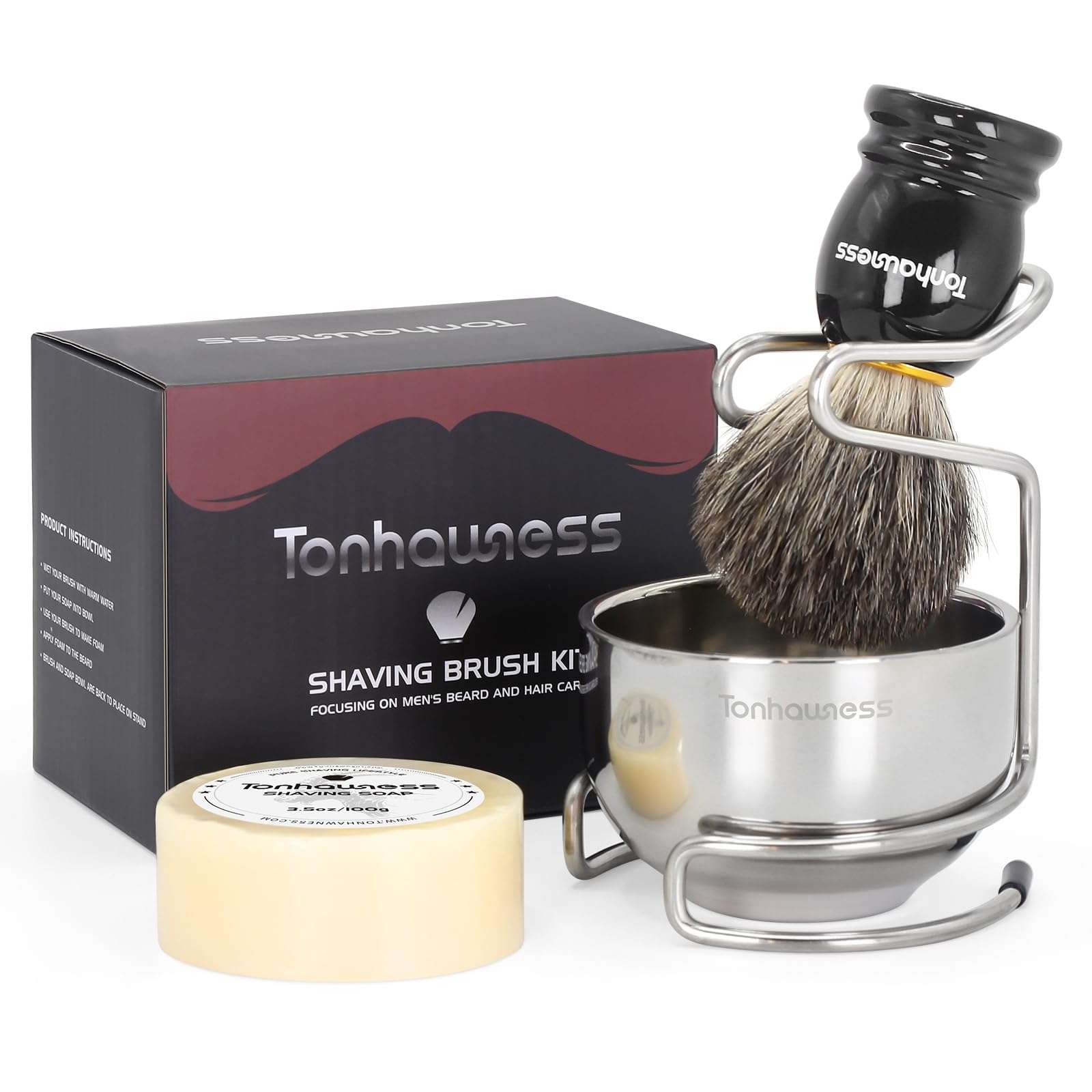 Tonhawness Shaving Brush Kit for Men, 4 in 1 Shaving Brushes Set Includes Badger Hair Shave Brush, Stainless Steel Shaving Bowl&Stand and Goat Milk Flavor Shaving Soap - Image 1