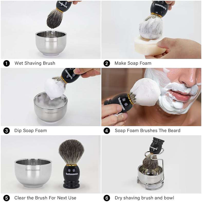 Tonhawness Shaving Brush Kit for Men, 4 in 1 Shaving Brushes Set Includes Badger Hair Shave Brush, Stainless Steel Shaving Bowl&Stand and Goat Milk Flavor Shaving Soap - Image 6