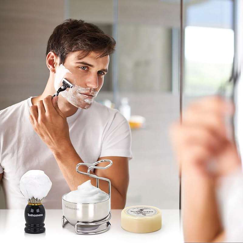 Tonhawness Shaving Brush Kit for Men, 4 in 1 Shaving Brushes Set Includes Badger Hair Shave Brush, Stainless Steel Shaving Bowl&Stand and Goat Milk Flavor Shaving Soap - Image 8