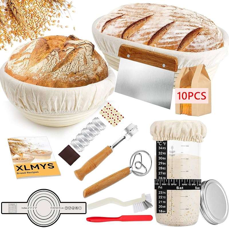 Sourdough Starter Kit - Banneton Proofing Basket 9 Inch Round & 10 Oval, Complete Sourdough Bread Baking Supplies with Starter Jar, Bread Sling, Lame, Danish Dough Whisk, Bags - Image 1
