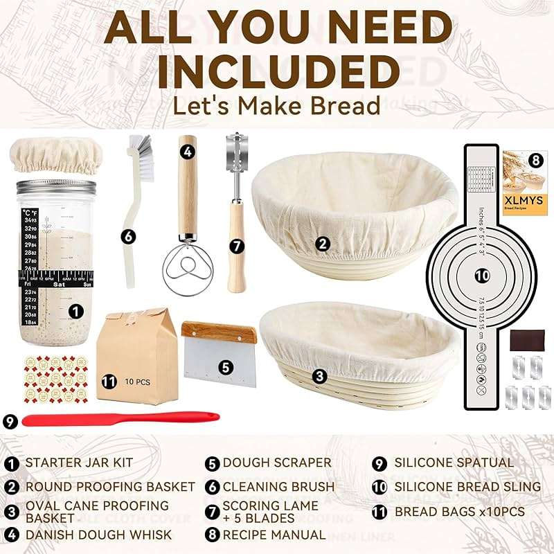 Sourdough Starter Kit - Banneton Proofing Basket 9 Inch Round & 10 Oval, Complete Sourdough Bread Baking Supplies with Starter Jar, Bread Sling, Lame, Danish Dough Whisk, Bags - Image 2