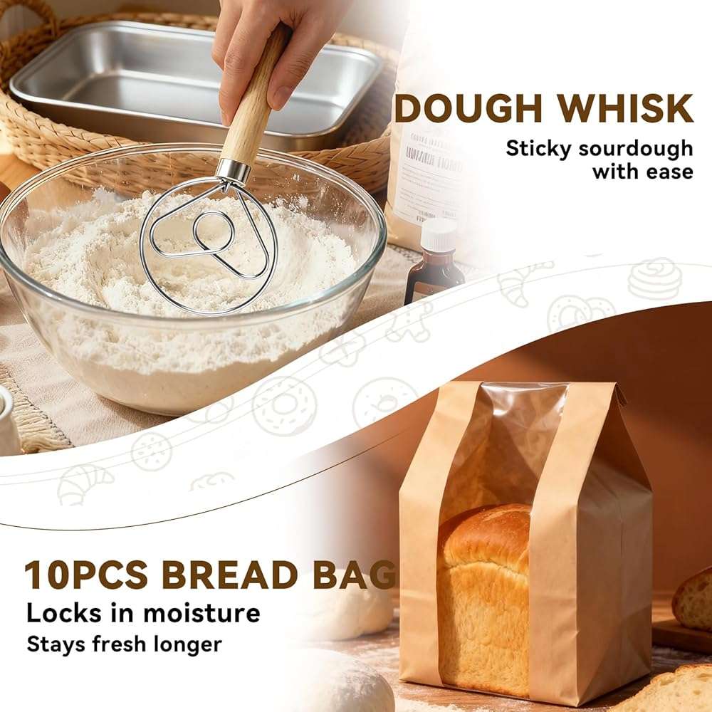 Sourdough Starter Kit - Banneton Proofing Basket 9 Inch Round & 10 Oval, Complete Sourdough Bread Baking Supplies with Starter Jar, Bread Sling, Lame, Danish Dough Whisk, Bags - Image 4