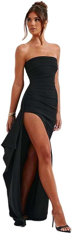 Women's Sexy Strapless Backless High Split Long Maxi Dress Ruched Off Shoulder Sleeveless Bodycon Party Cocktail Dresses - Image 2