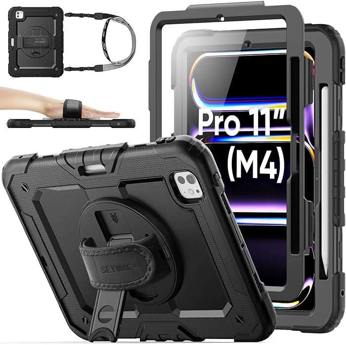 SEYMAC stock Case for iPad Pro 11-inch M5-M4 2025-2024, Shockproof Heavy Duty Case with Screen Protector, Pencil Holder, Rotating Stand, Hand Strap, Shoulder Strap, Black - Image 1