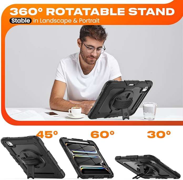 SEYMAC stock Case for iPad Pro 11-inch M5-M4 2025-2024, Shockproof Heavy Duty Case with Screen Protector, Pencil Holder, Rotating Stand, Hand Strap, Shoulder Strap, Black - Image 4