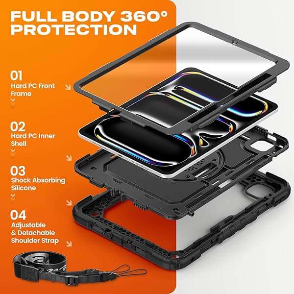 SEYMAC stock Case for iPad Pro 11-inch M5-M4 2025-2024, Shockproof Heavy Duty Case with Screen Protector, Pencil Holder, Rotating Stand, Hand Strap, Shoulder Strap, Black - Image 5