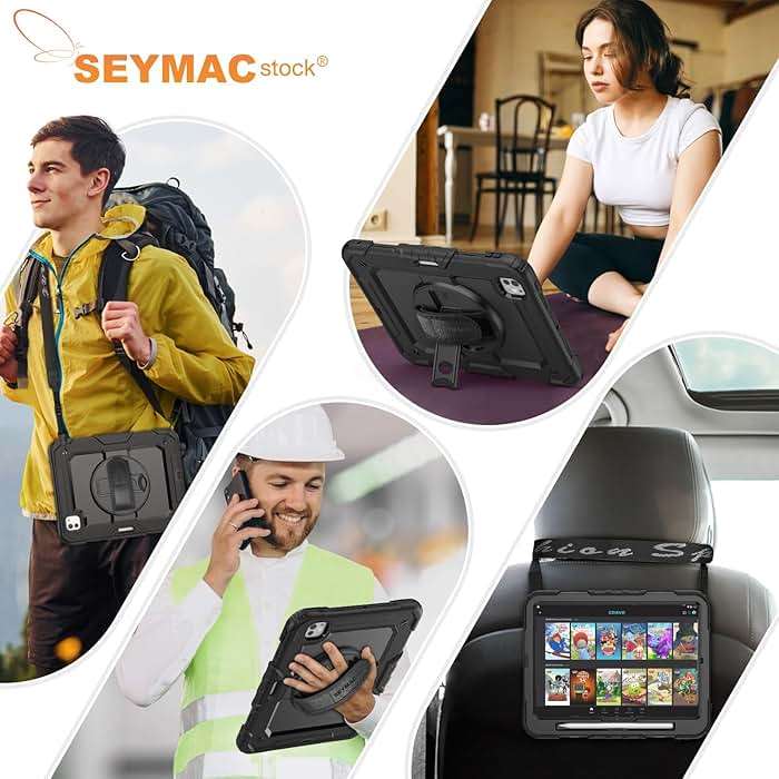 SEYMAC stock Case for iPad Pro 11-inch M5-M4 2025-2024, Shockproof Heavy Duty Case with Screen Protector, Pencil Holder, Rotating Stand, Hand Strap, Shoulder Strap, Black - Image 6