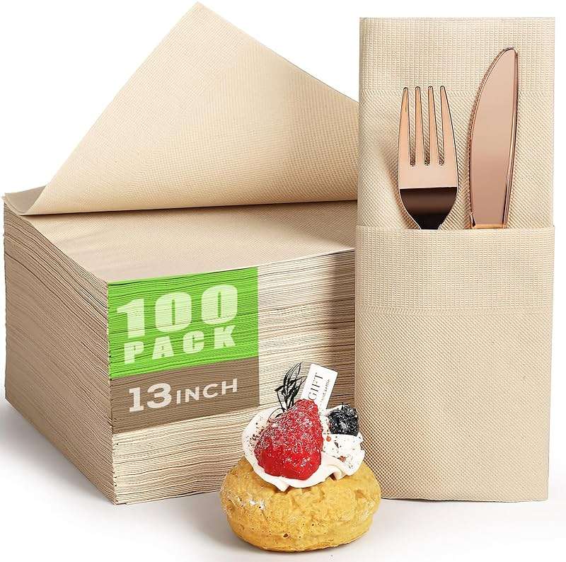 Gezond 100pcs Compostable Paper Napkins, Disposable Dinner Napkins 13 x 13 in Unbleached 2-ply Eco Lunch Tissue Natural - Image 1